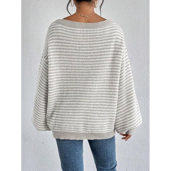 Women's Oversized Striped Sweater Fall Long Sleeve Knit Pullover Casual - Picture 5 of 5